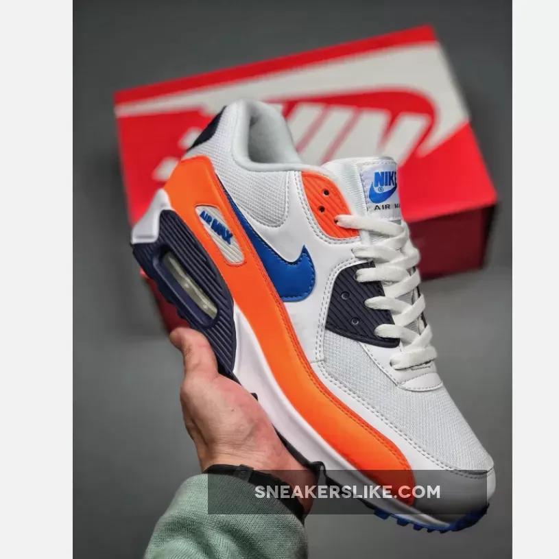 Nike Air Max 90 White/Total Orange/Midnight Navy/Photo Blue - navy and orange sneakers