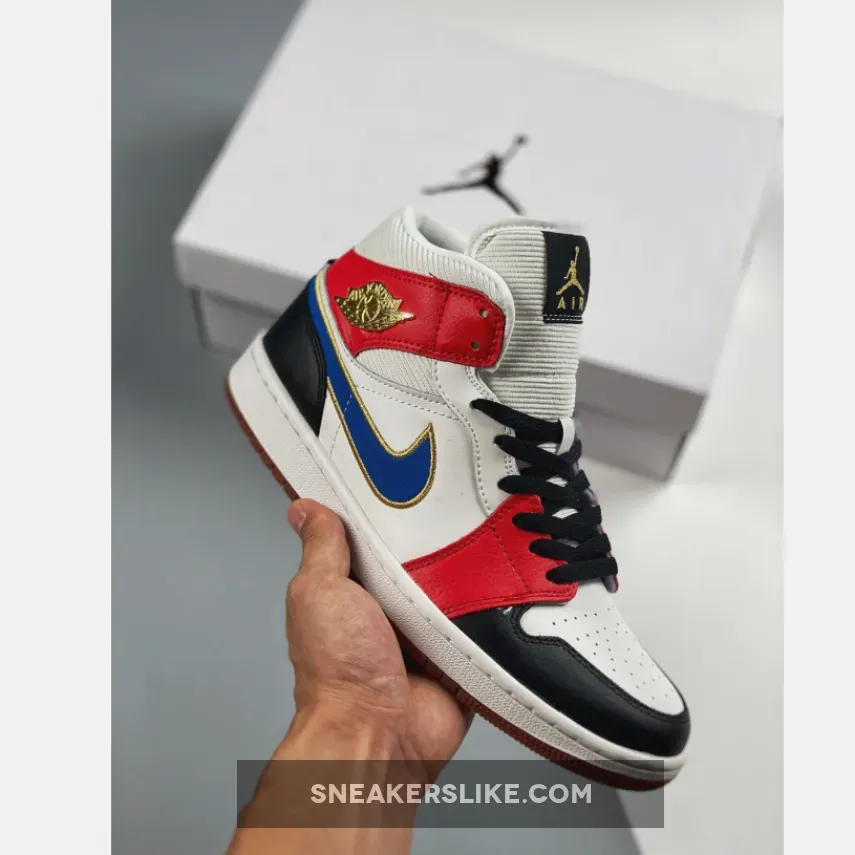 Air Jordan 1 Mid Sail Red Black Blue Gold DC1426-100 jordan 1 let her man