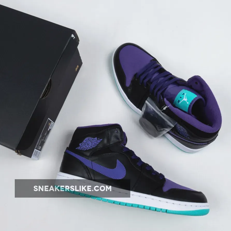 Air Jordan 1 Mid Black/Black-Grape Ice-New Emerald #air jordan 1 mid black grape
