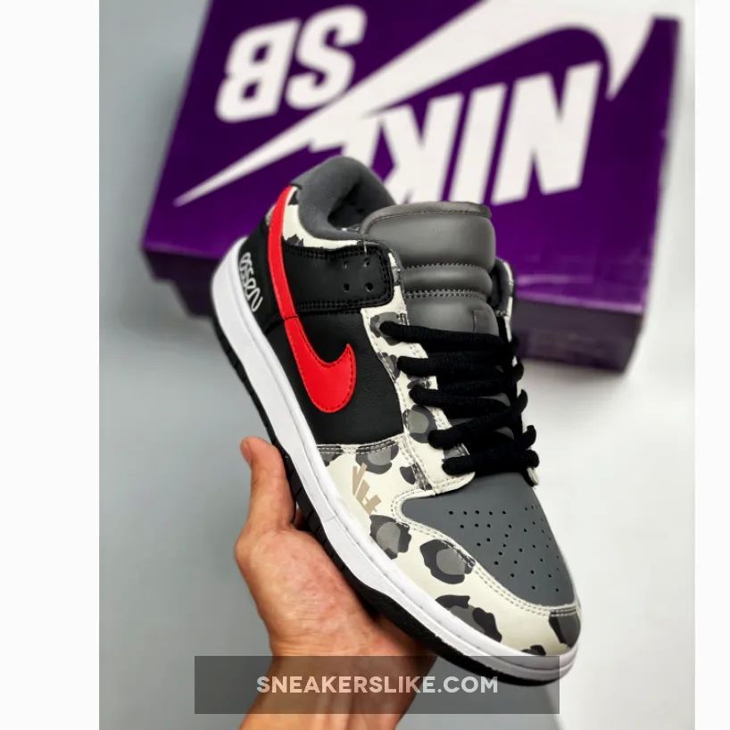 Nike SB Dunk Low ‘Camo’ Black Grey Red White 'nike sb camouflage shoes'