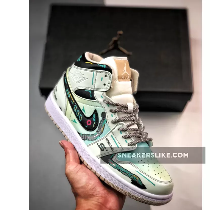 Custom Air Jordan 1 Mid Green Linen Black Brand New