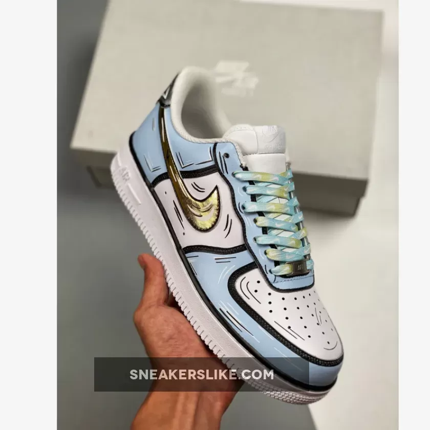 Custom Nike Air Force 1 Blue White Gold Black #custom air force 1 blue