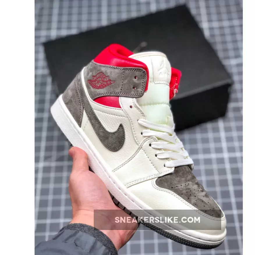 SNS X Air Jordan 1 Mid Sail/Wolf Grey-Gym Red-White CT3443-100 For Sale