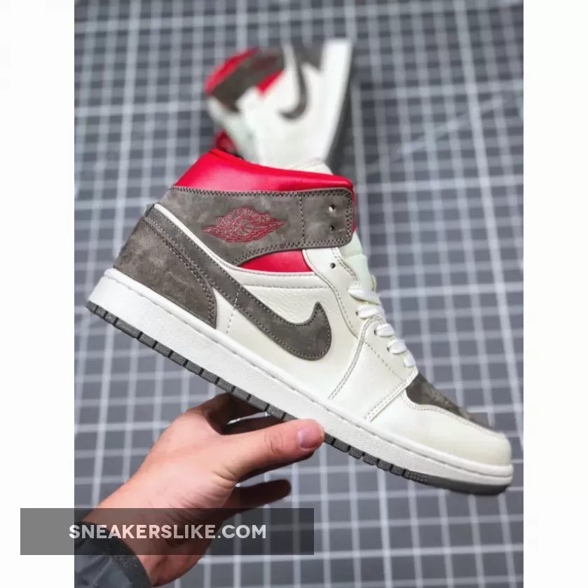 SNS X Air Jordan 1 Mid Sail/Wolf Grey-Gym Red-White CT3443-100 For Sale