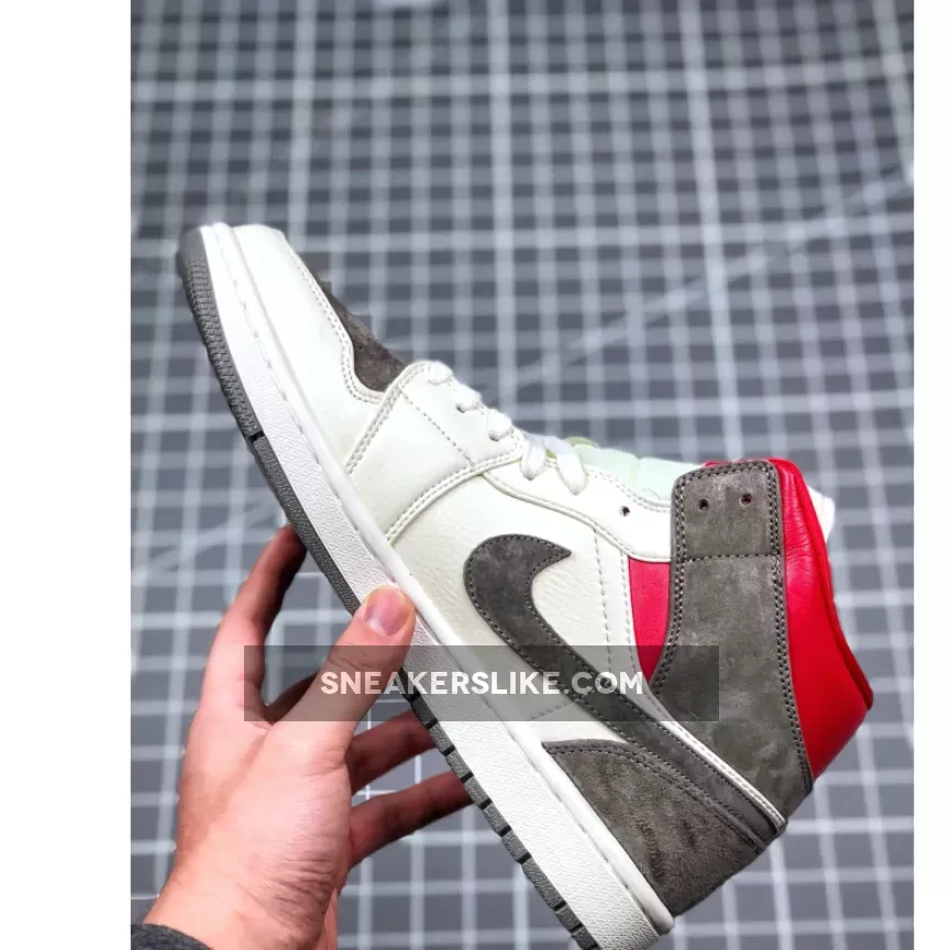 SNS X Air Jordan 1 Mid Sail/Wolf Grey-Gym Red-White CT3443-100 For Sale