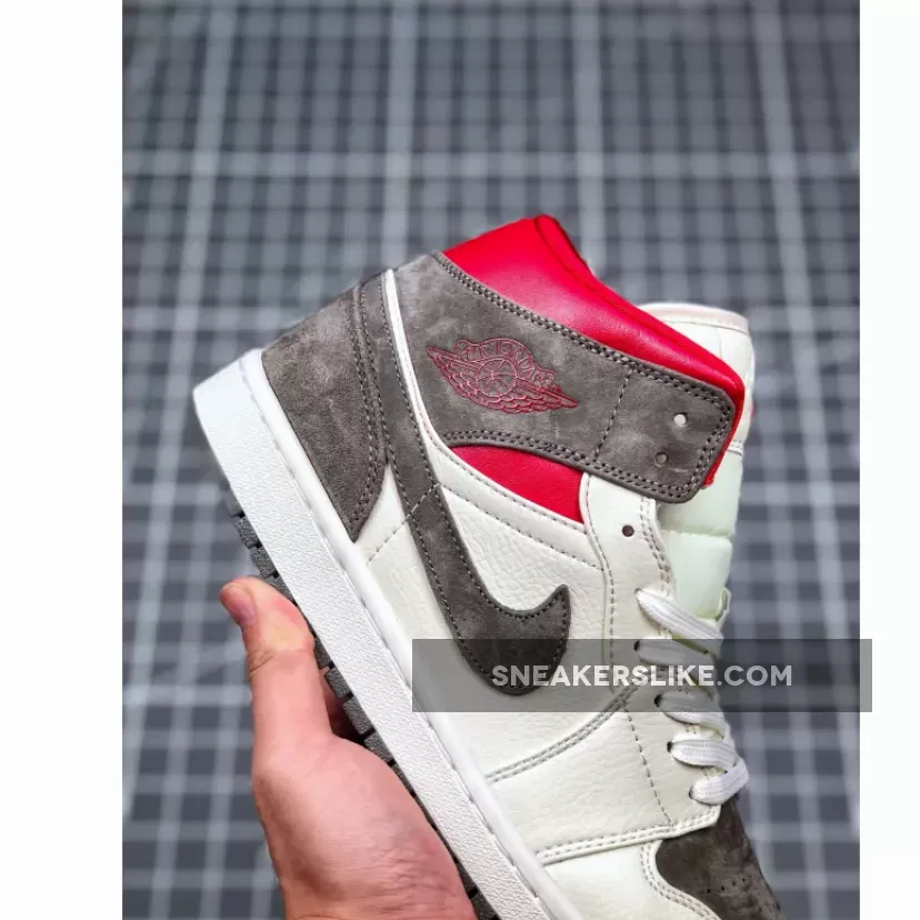 SNS X Air Jordan 1 Mid Sail/Wolf Grey-Gym Red-White CT3443-100 For Sale