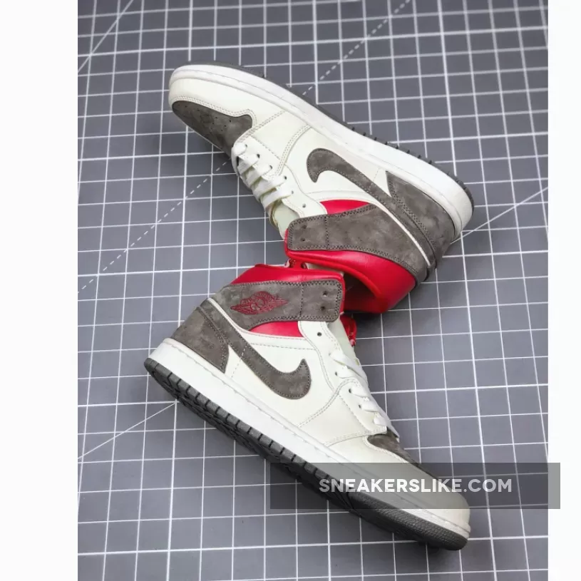 SNS X Air Jordan 1 Mid Sail/Wolf Grey-Gym Red-White CT3443-100 For Sale