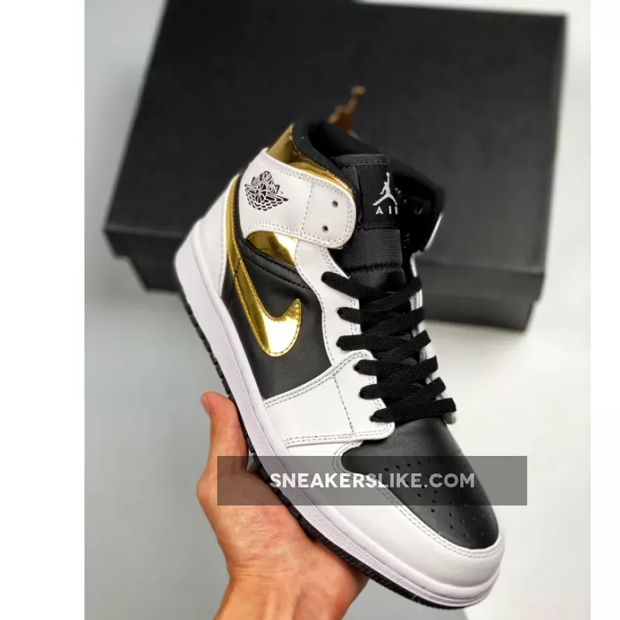 Air Jordan 1 Mid GS White Gold For Womens 554725-190 - white with gold jordans