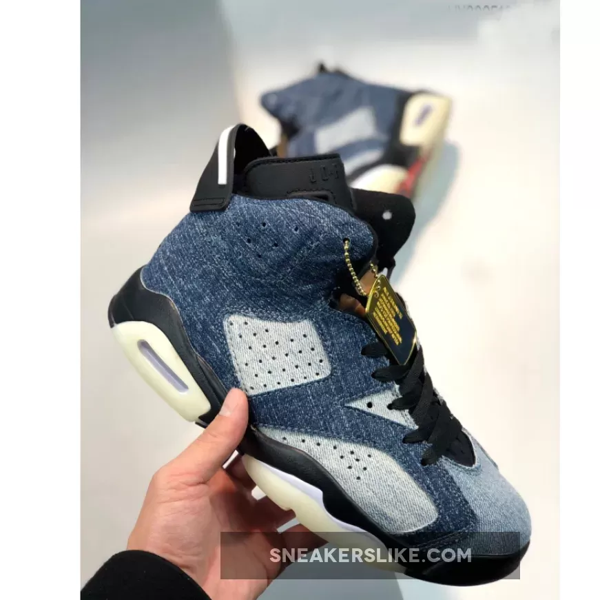 Air Jordan 6 Retro'Washed Denim' Unisex CT5350-401 Black-Sail/Varsity Red AJ6 Black cool grey 11 with black jeans