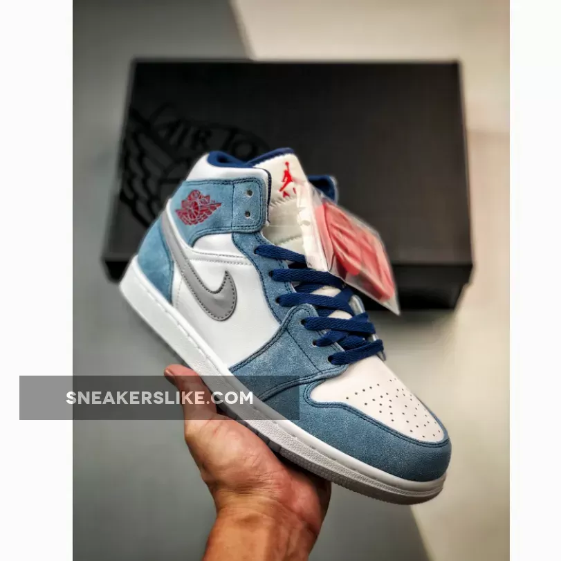 Air Jordan 1 Mid French Blue Light Steel Grey Fire Red Red Blue And White Jordan 1
