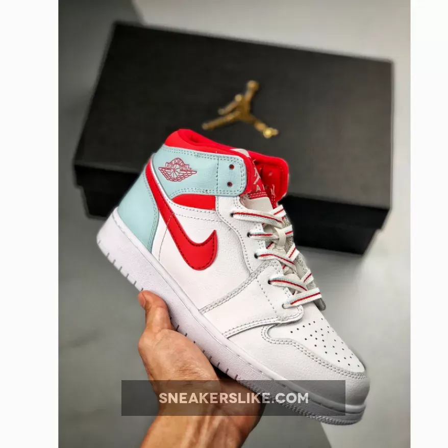 Air Jordan 1 Mid Gs 'Topaz Mist' AJ1 White Mist-Ember Glow-University Red 555112-104 Outlet
