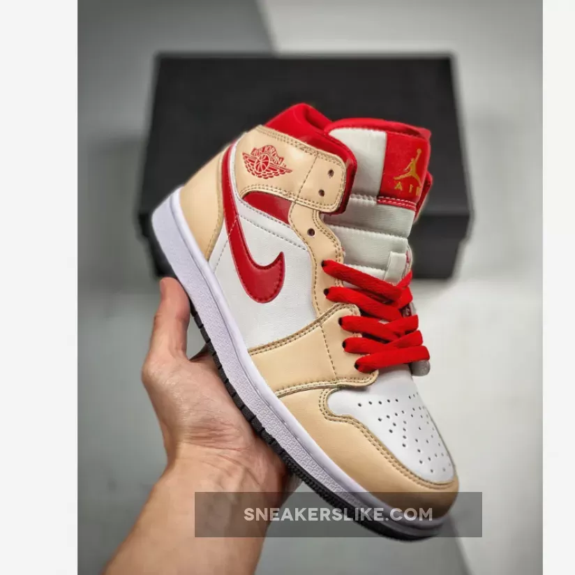 Air Jordan 1 Mid Beige Cardinal Red 554724-201 / jordan 1 light curry cardinal