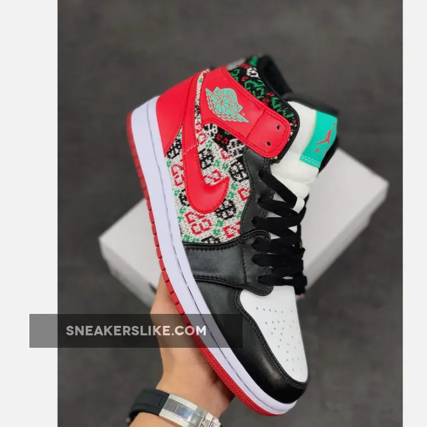 Air Jordan 1 Mid 'Christmas Sweater' White/Black-Roma Green-University Red / jordan 1 mid christmas