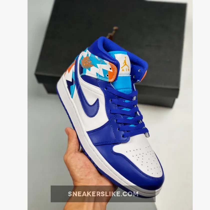 Jordan 1 Mid GS Geometric Print White Blue WMNS 555112-105