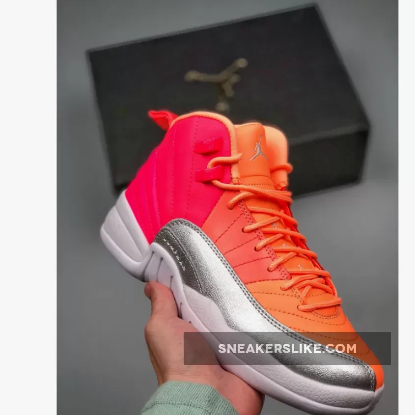Air Jordan 12 GS Racer Pink/Hot Punch-Bright Mango-White - jordan 12 sunrise