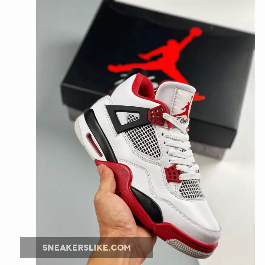 Air Jordan 4 Retro OG 'Fire Red' 2020 Mens White/Fire Red-Black-Tech Grey Basektball DC7770-160 - jordan 4 fire red cement