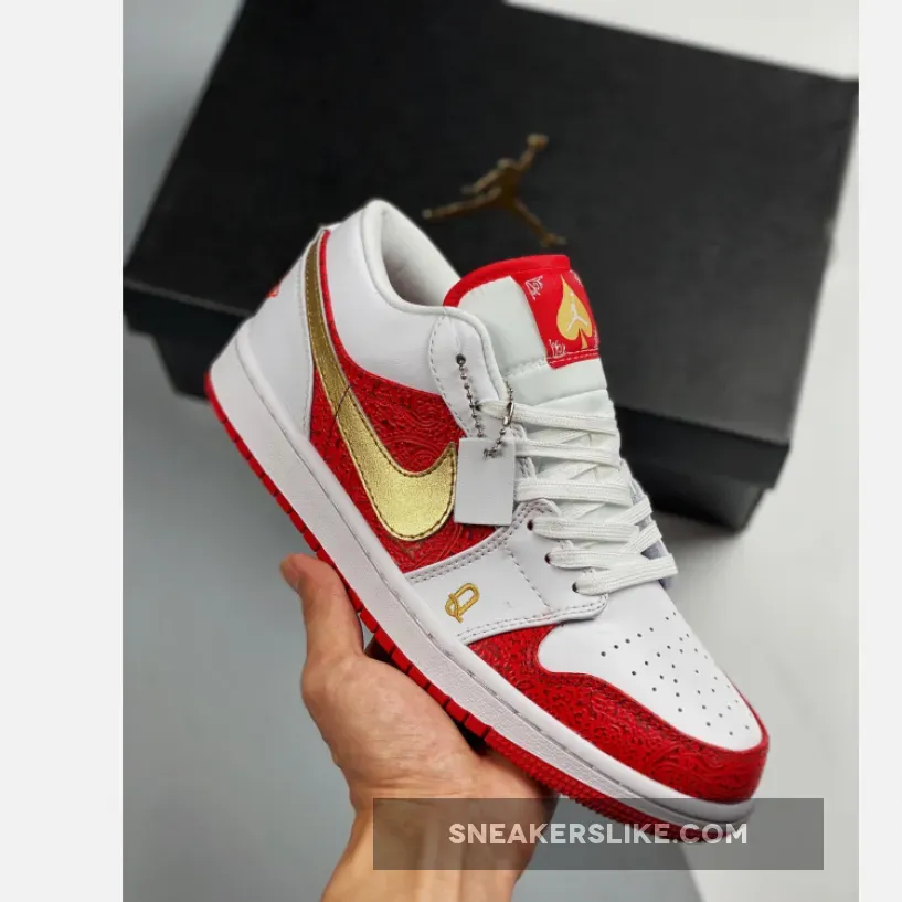 Air Jordan 1 Low 'Spades' White/Metallic Gold-Red DJ5185-100 #air jordan 1 low king and queen