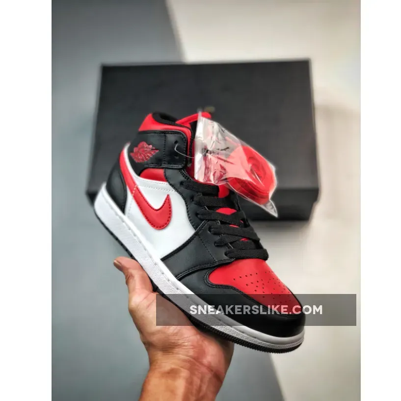 Air Jordan 1 Mid 'Bred Toe' Black/White/Fire Red air jordan 1 low black/white/fire red